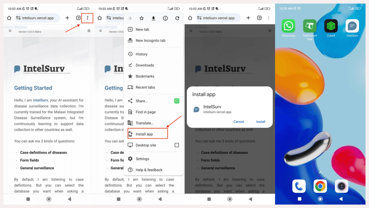 Mobile browser screenshots showing the steps to install the app from the three dots menu